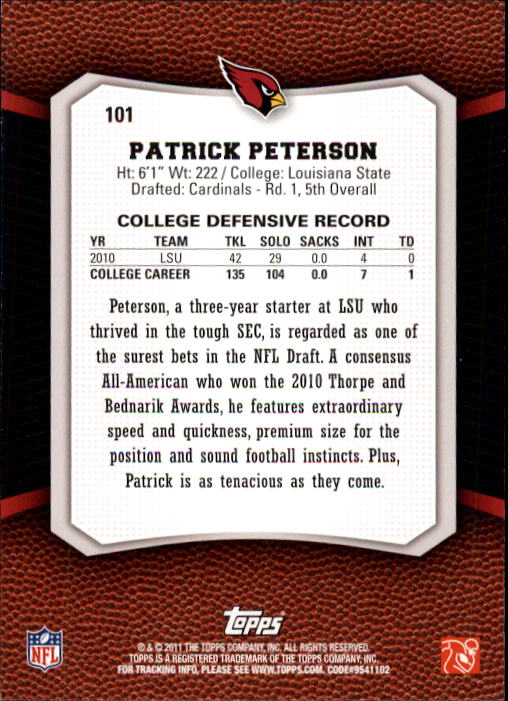 2011 Topps Rising Rookies #101 Patrick Peterson RC back image