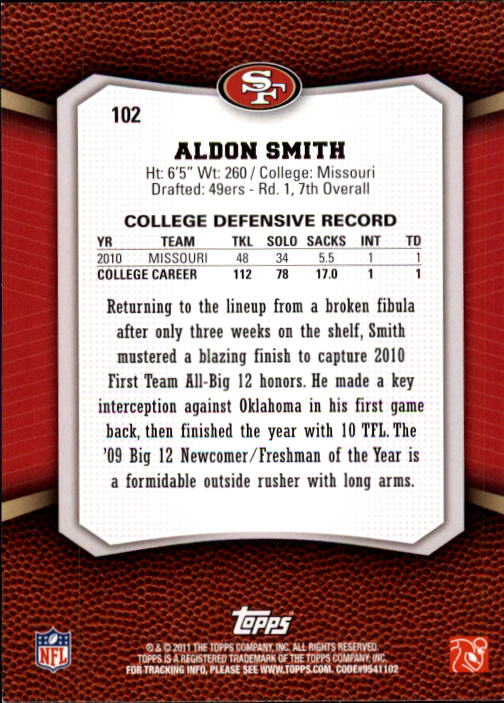 2011 Topps Rising Rookies #102 Aldon Smith RC back image