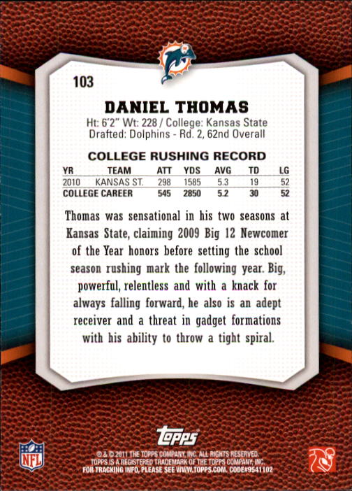 2011 Topps Rising Rookies #103 Daniel Thomas RC back image