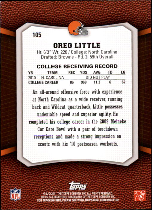 2011 Topps Rising Rookies #105 Greg Little RC back image