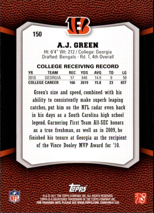 2011 Topps Rising Rookies #150 A.J. Green RC back image