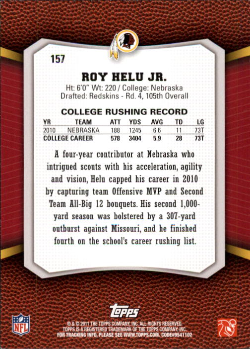 2011 Topps Rising Rookies #157 Roy Helu RC back image