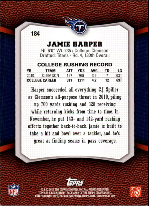 2011 Topps Rising Rookies #184 Jamie Harper RC back image