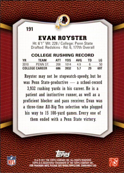 2011 Topps Rising Rookies #191 Evan Royster RC back image