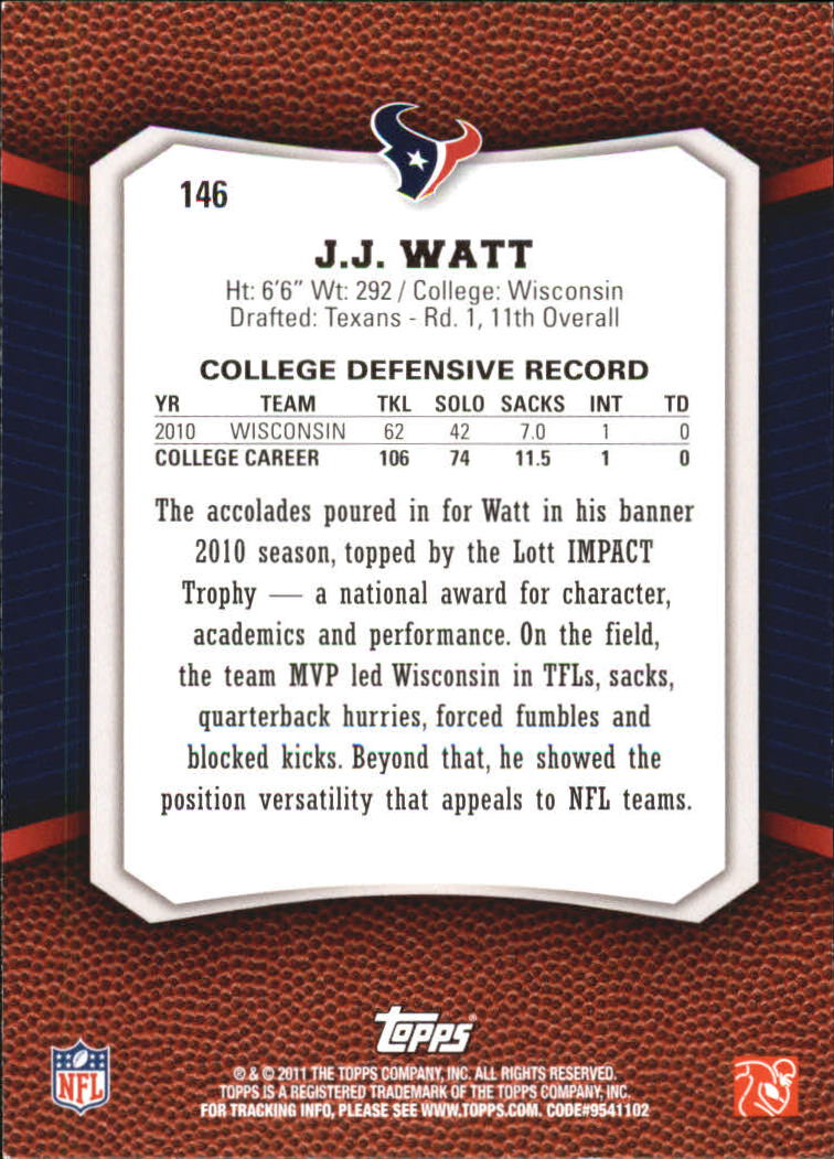 2011 Topps Rising Rookies Gold #146 J.J. Watt back image