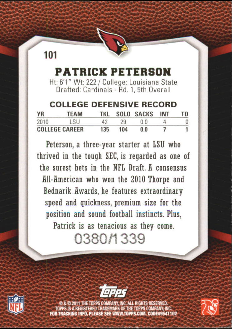 2011 Topps Rising Rookies Blue #101 Patrick Peterson back image
