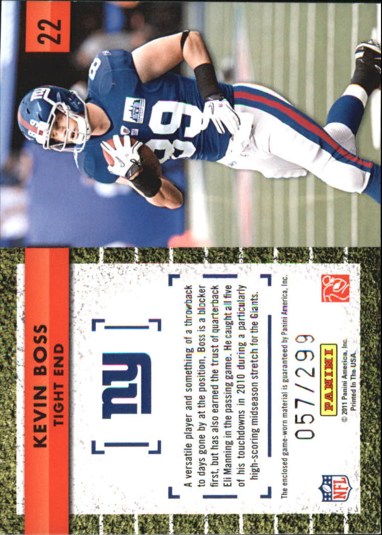 2011 Donruss Elite Down and Distance Jerseys #22 Kevin Boss/299 back image