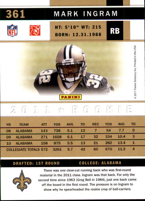 2011 Score #361A Mark Ingram RC/(field only in background) back image