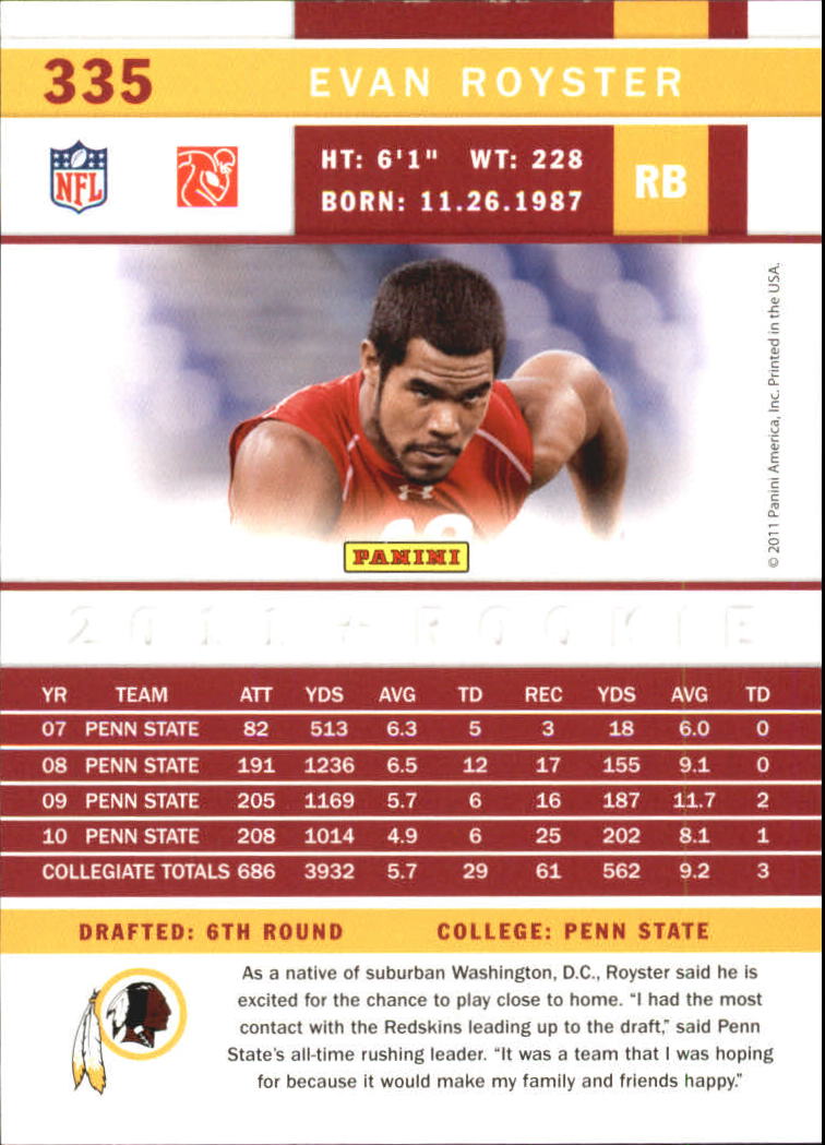 2011 Score Glossy #335 Evan Royster back image