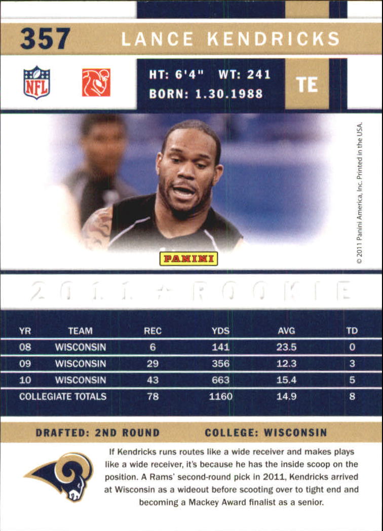 2011 Score Scorecard #357 Lance Kendricks back image