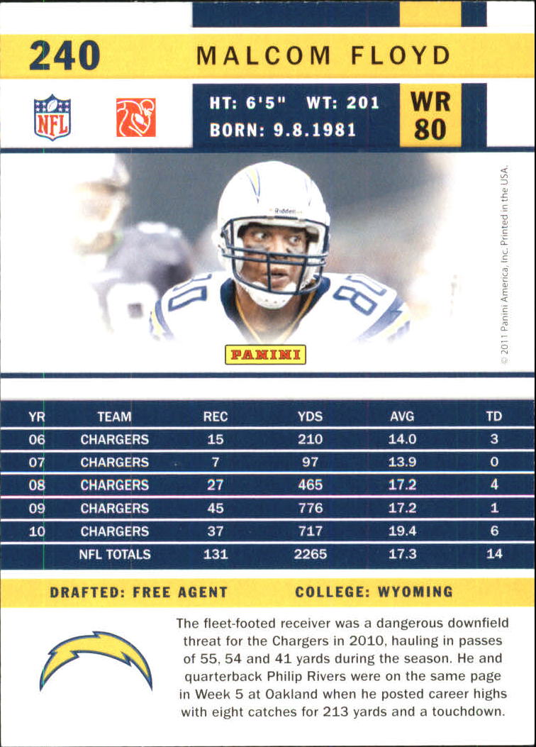 2011 Score Red Zone #240 Malcom Floyd back image
