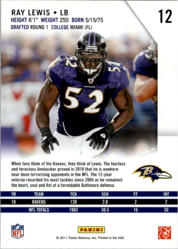 2011 Rookies and Stars #12 Ray Lewis back image