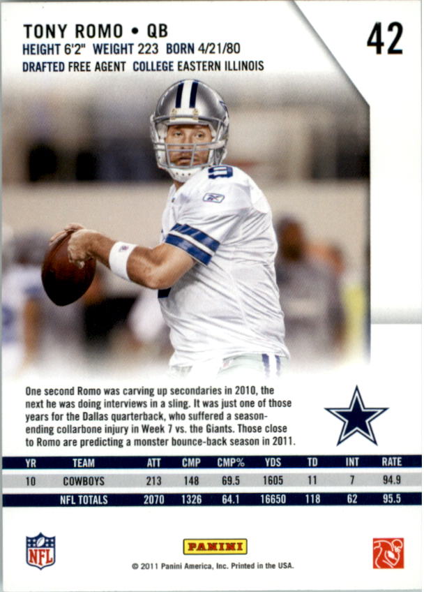2011 Rookies and Stars #42 Tony Romo back image