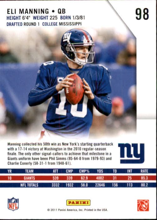 2011 Rookies and Stars #98 Eli Manning back image