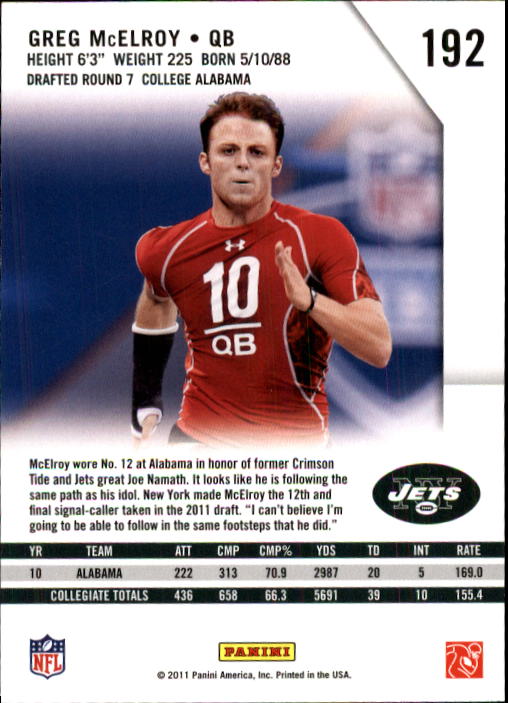 2011 Rookies and Stars #192 Greg McElroy RC back image