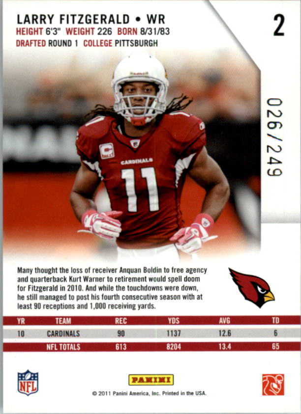 2011 Rookies and Stars Longevity Parallel Silver #2 Larry Fitzgerald back image