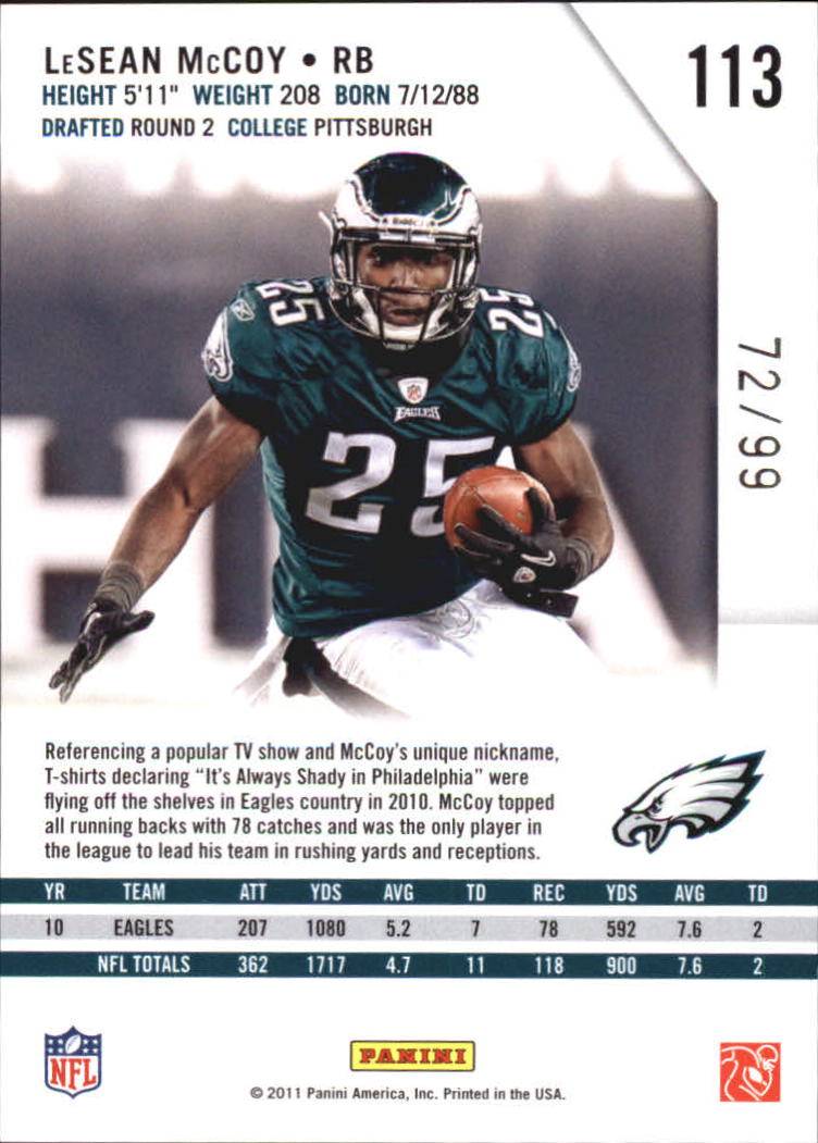 2011 Rookies and Stars Longevity Parallel Silver Holofoil #113 LeSean McCoy back image