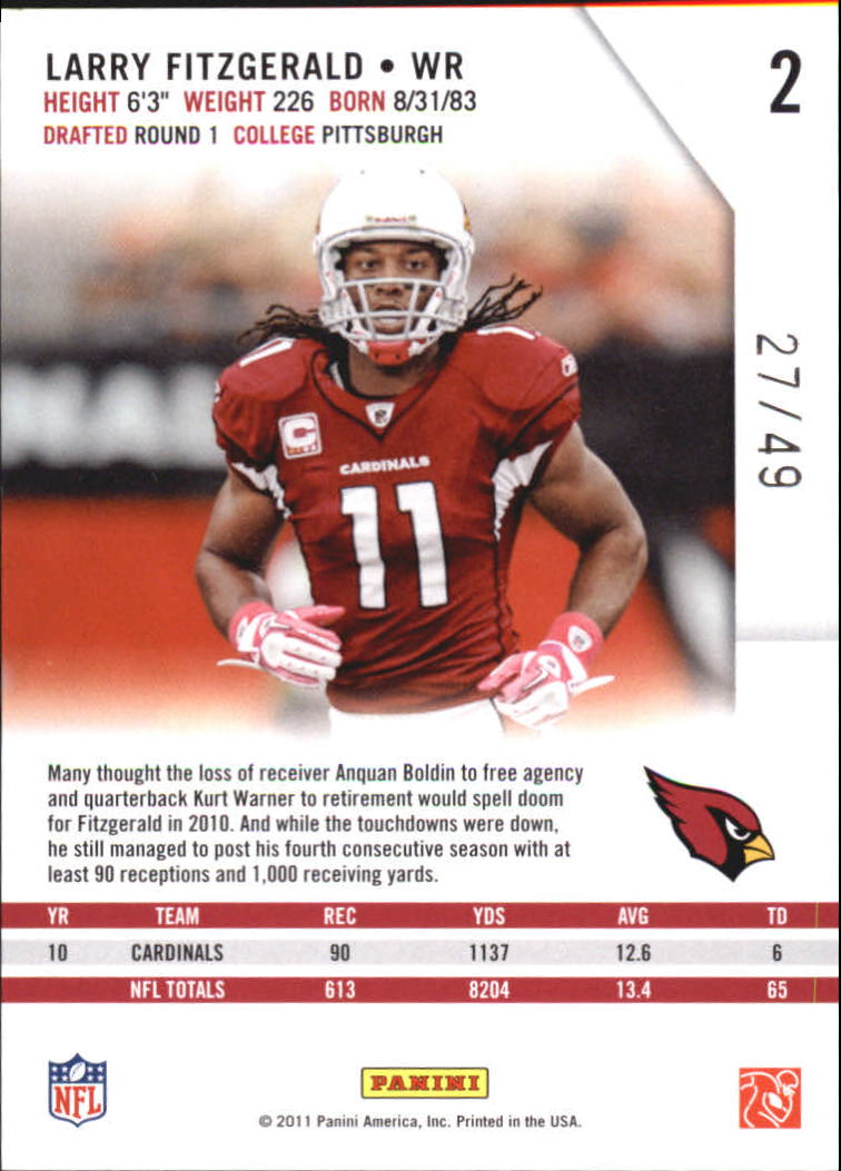 2011 Rookies and Stars Longevity Parallel Gold #2 Larry Fitzgerald back image