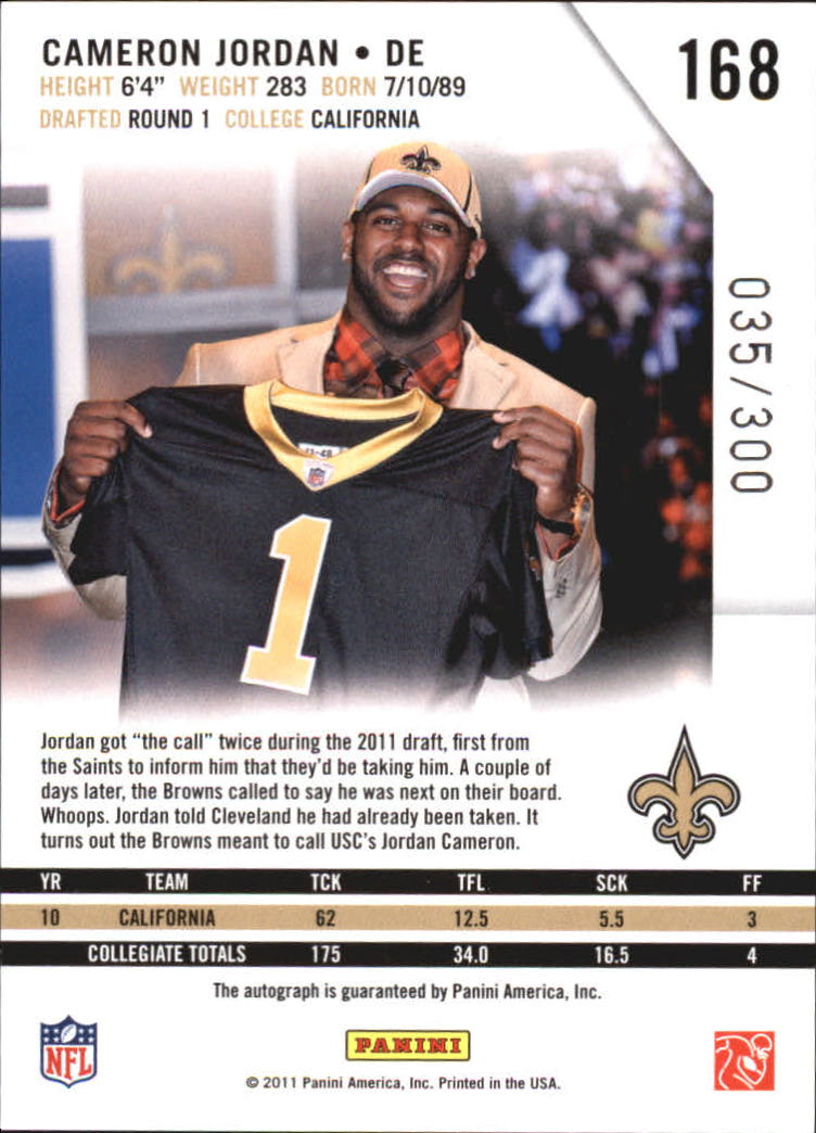2011 Rookies and Stars Rookie Autographs Holofoil #168 Cameron Jordan/300 back image