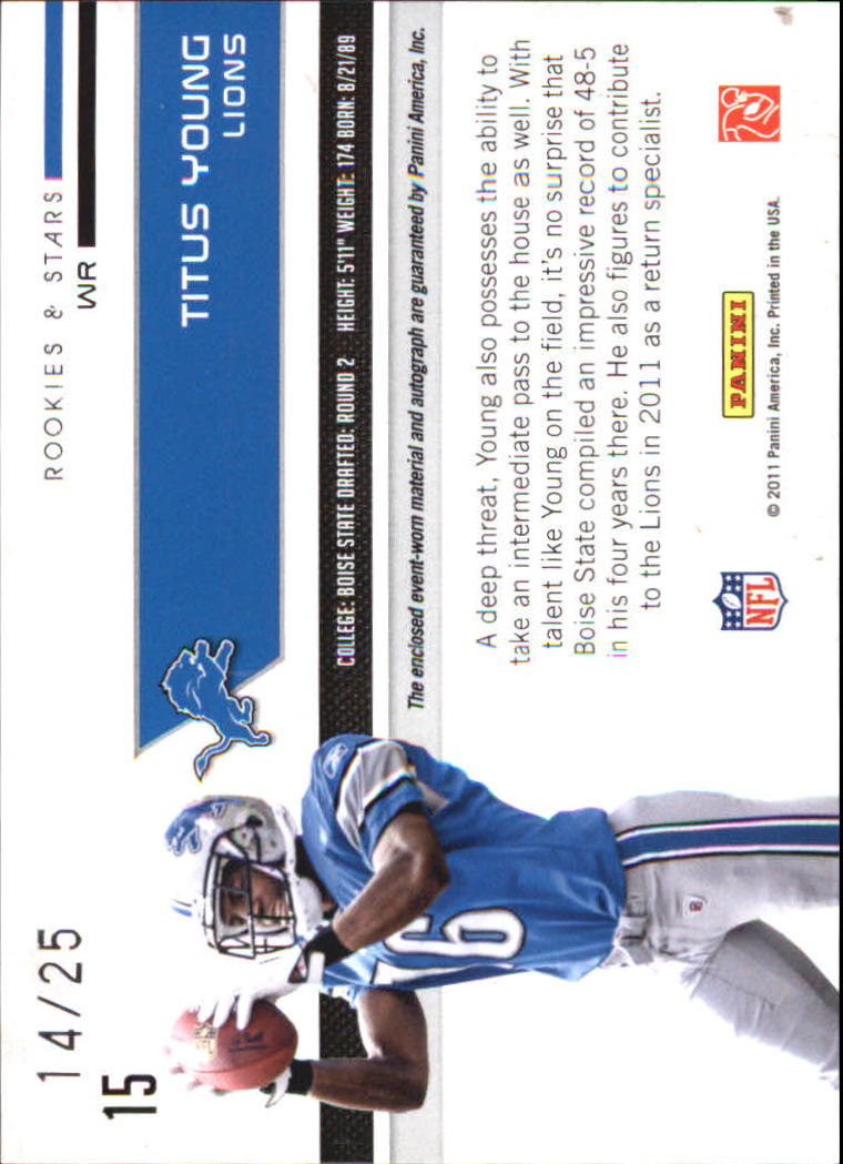 2011 Rookies and Stars Rookie Revolution Materials Autographs #15 Titus Young/25 back image