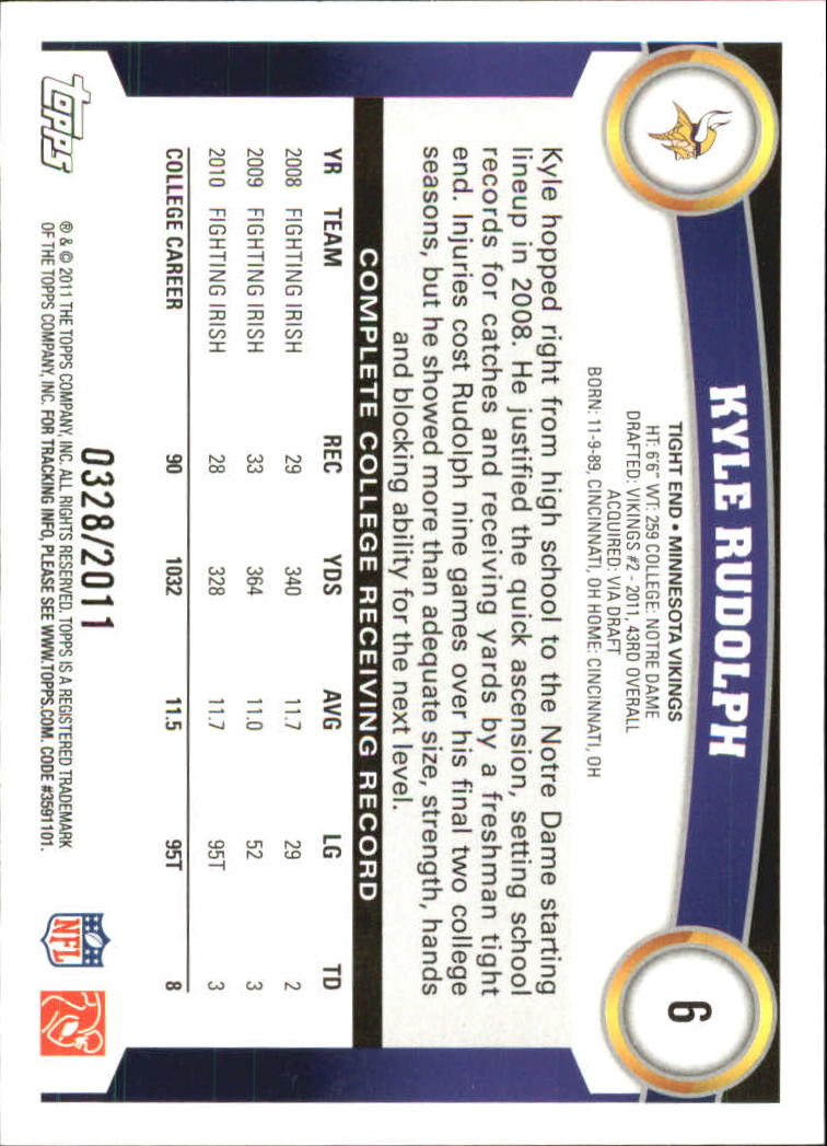 2011 Topps #6A Kyle Rudolph RC/(catching ball over head) back image