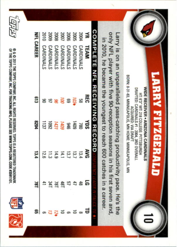 2011 Topps #10A Larry Fitzgerald/(white jersey) back image