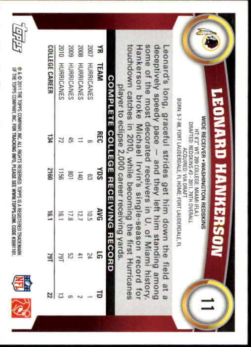 2011 Topps #11A Leonard Hankerson RC/(no football in photo) back image