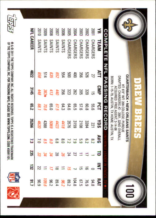 2011 Topps #100A Drew Brees/(white jersey) back image
