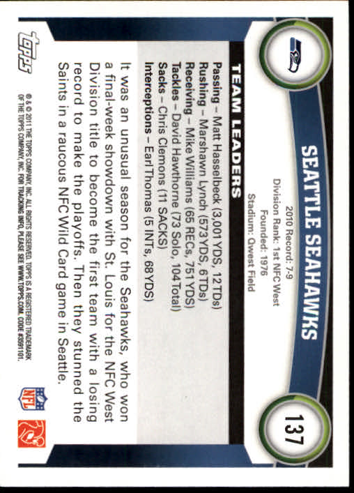 2011 Topps #137 Seattle Seahawks Team/Matt Hasselbeck/Marshawn Lynch back image