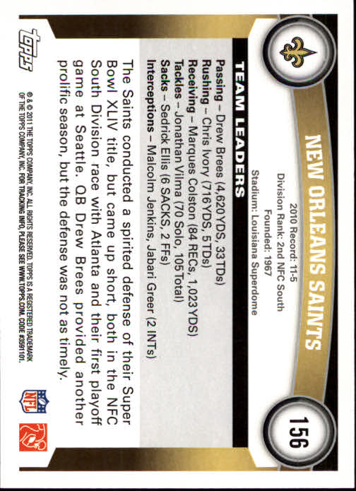 2011 Topps #156 New Orleans Saints Team/Drew Brees/Lance Moore back image
