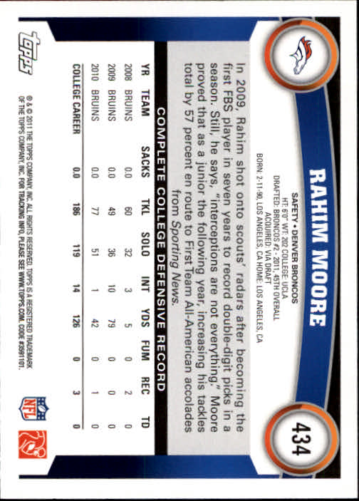 2011 Topps #434 Rahim Moore RC back image