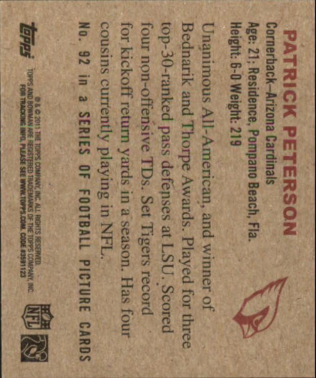2011 Topps 1950 Bowman #92 Patrick Peterson back image