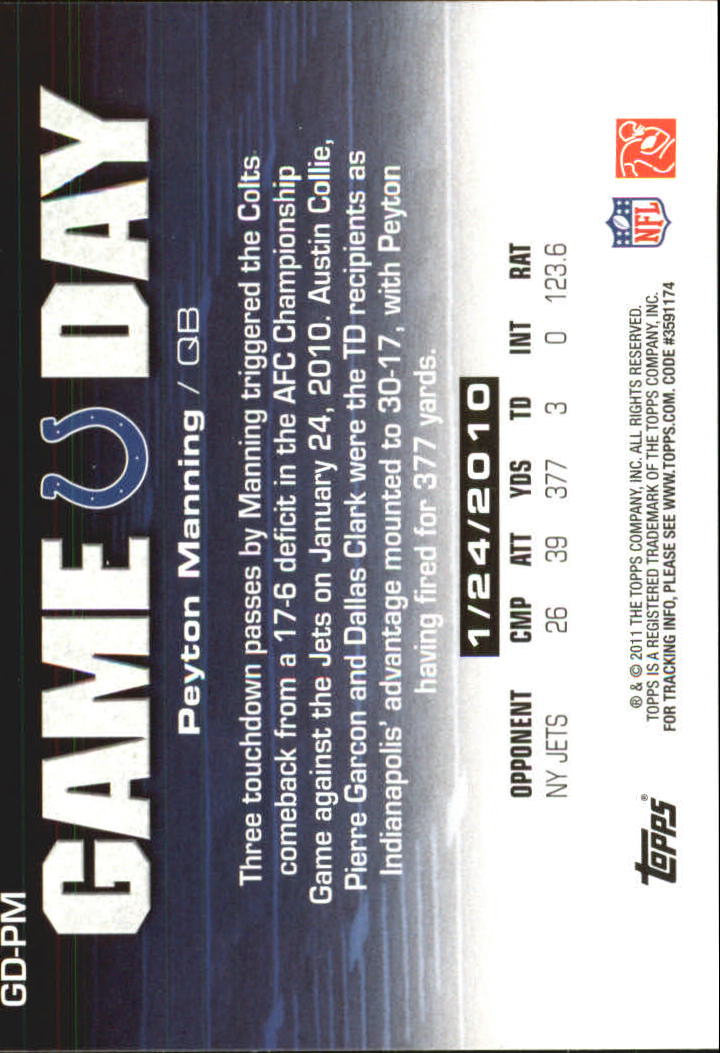 2011 Topps Game Day #GDPM Peyton Manning back image
