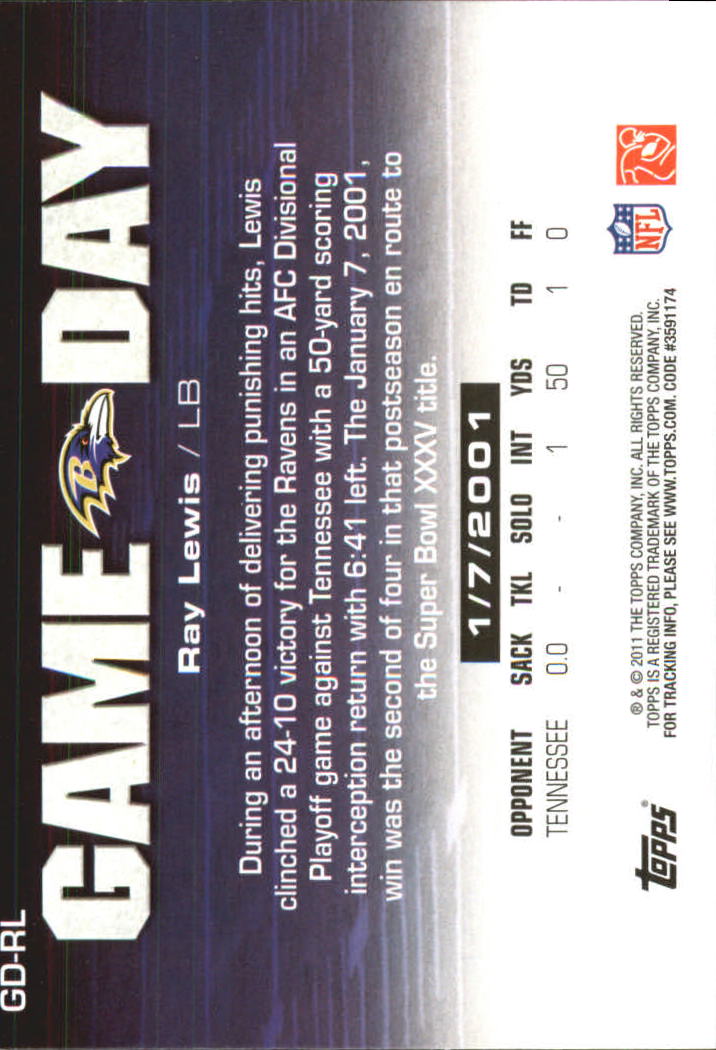 2011 Topps Game Day #GDRL Ray Lewis back image