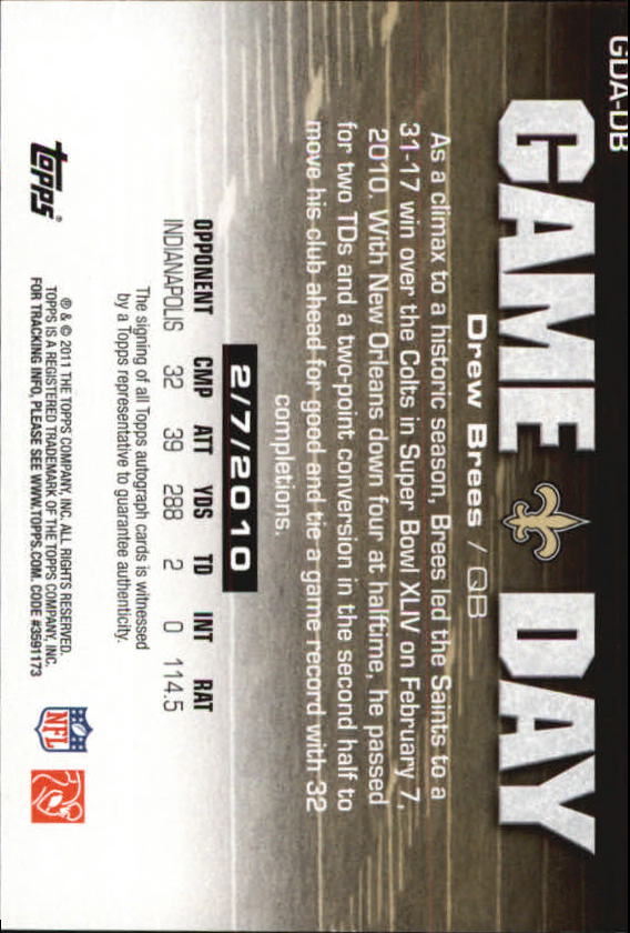 2011 Topps Game Day Autographs #GDADB Drew Brees back image