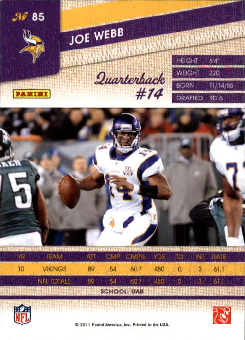 2011 Panini Threads #85 Joe Webb back image