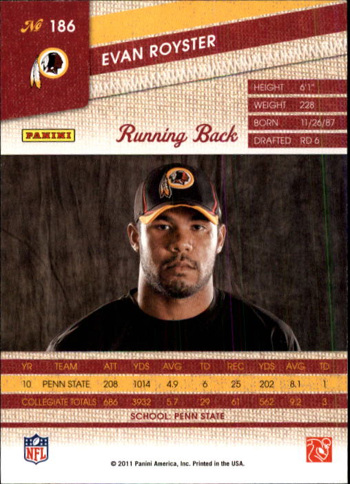 2011 Panini Threads #186 Evan Royster RC back image