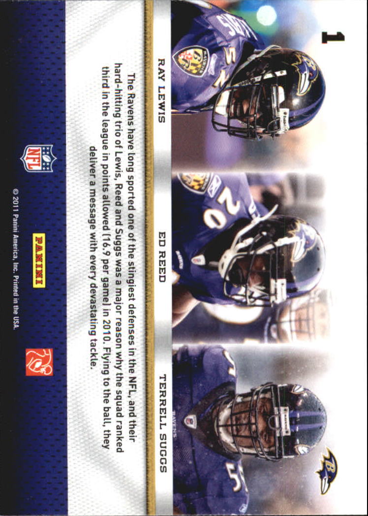 2011 Panini Threads Triple Threat #1 Ray Lewis/Ed Reed/Terrell Suggs back image