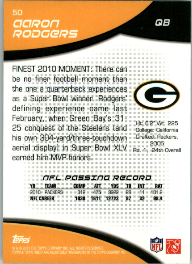2011 Finest #50 Aaron Rodgers back image
