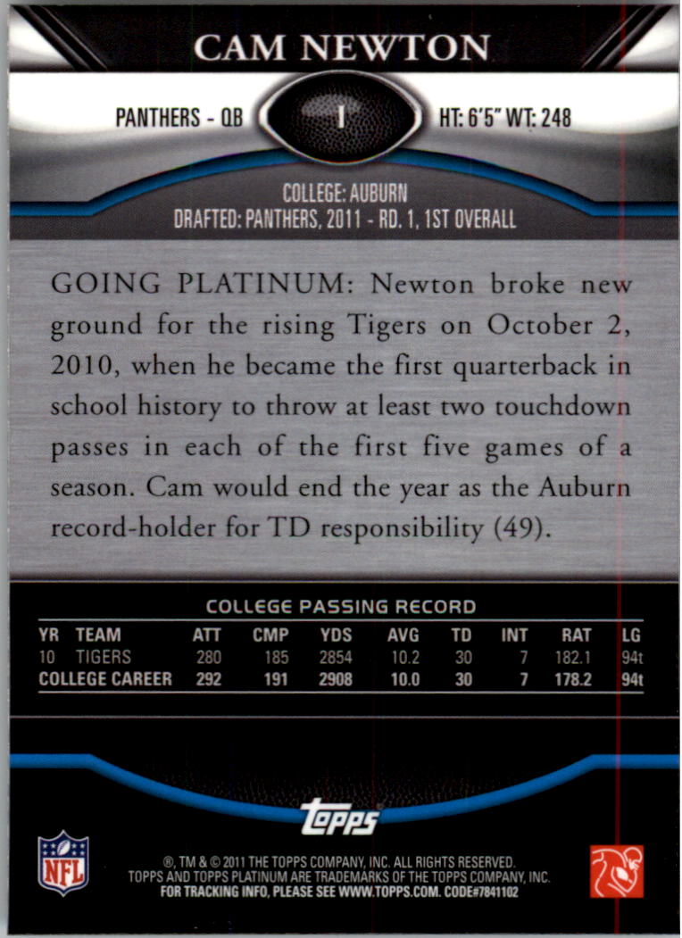 2011 Topps Platinum Xfractors #1 Cam Newton back image