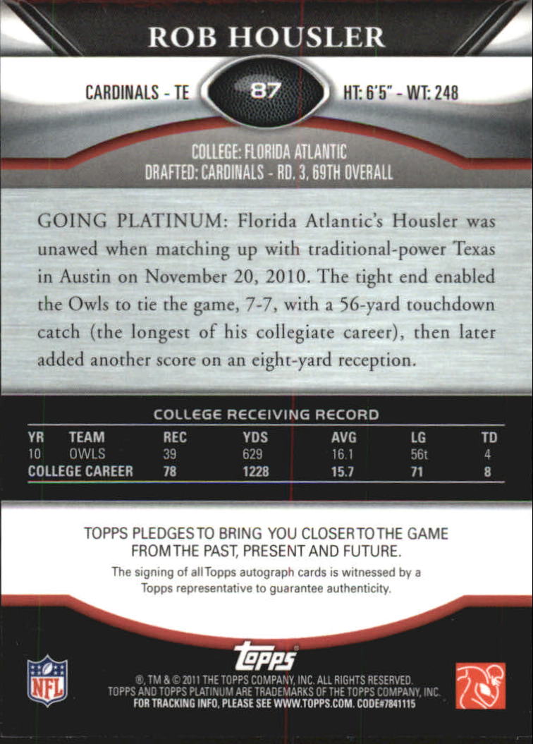 2011 Topps Platinum Rookie Autographs #87 Rob Housler/1050 back image