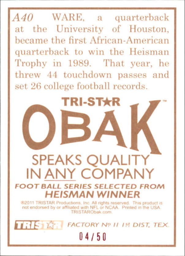 2011 TRISTAR Obak Autographs Brown #A40 Andre Ware back image
