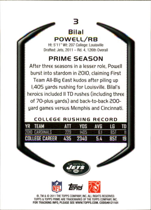 2011 Topps Prime #3 Bilal Powell RC back image