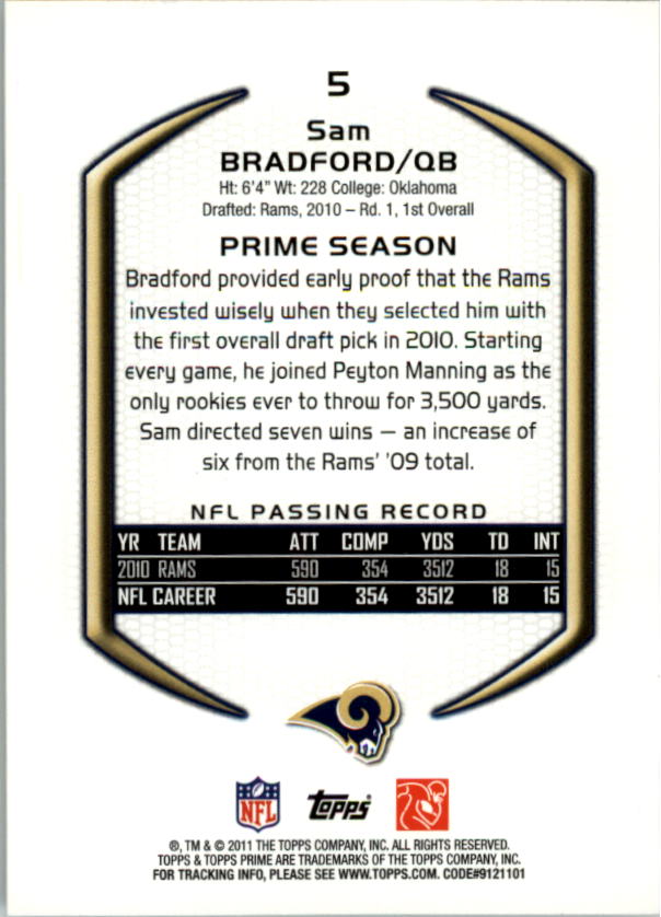 2011 Topps Prime #5 Sam Bradford back image