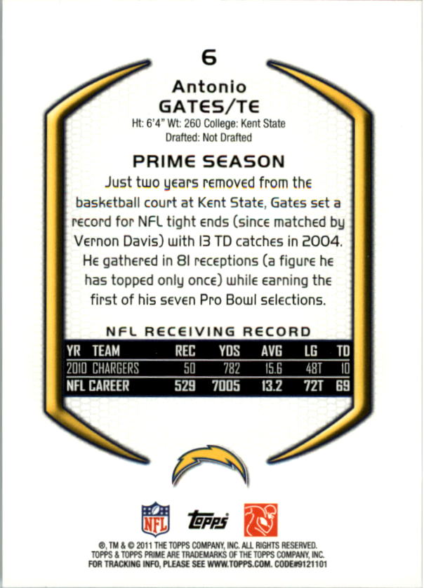 2011 Topps Prime #6 Antonio Gates back image