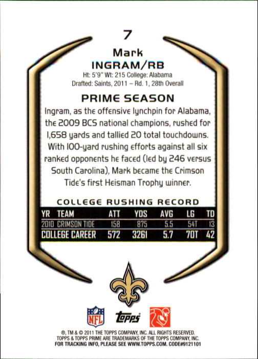 2011 Topps Prime #7 Mark Ingram RC back image