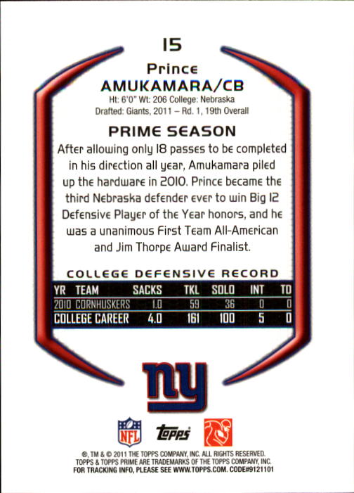 2011 Topps Prime #15 Prince Amukamara RC back image