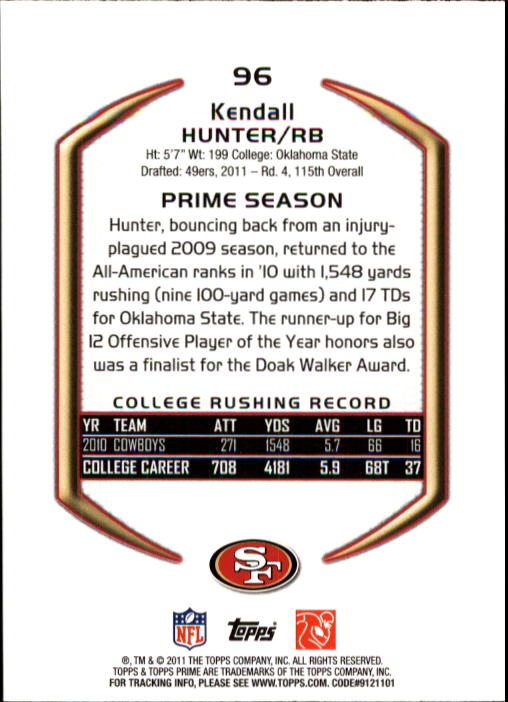 2011 Topps Prime #96 Kendall Hunter RC back image