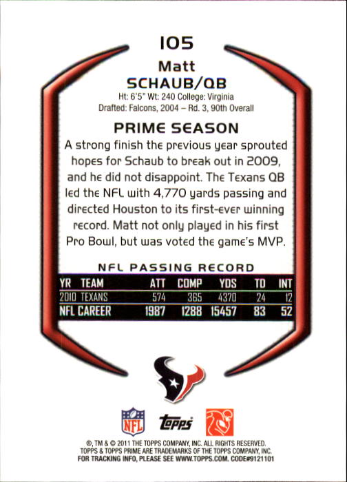 2011 Topps Prime #105 Matt Schaub back image