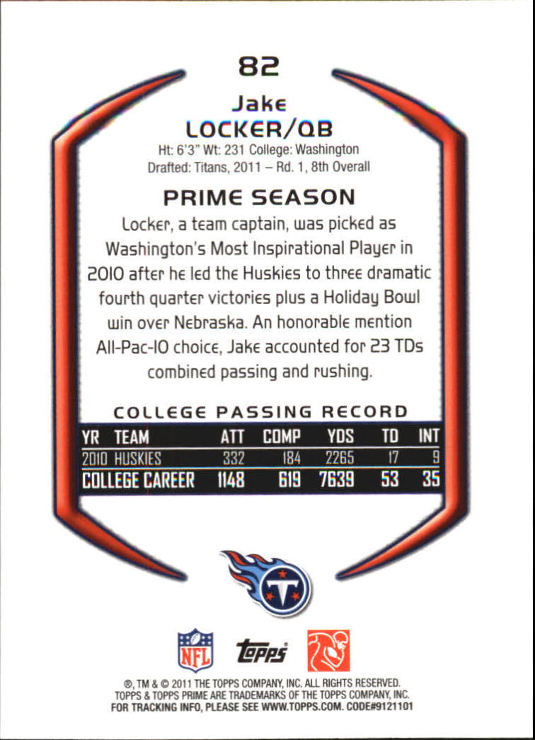 2011 Topps Prime Blue #82 Jake Locker back image